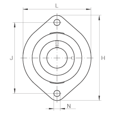 軸承座單元 FLCTEY15, 帶兩個螺栓孔的法蘭的軸承座單元，鑄鐵， 內(nèi)圈帶平頭螺釘， P 型密封，無再潤滑結(jié)構(gòu)